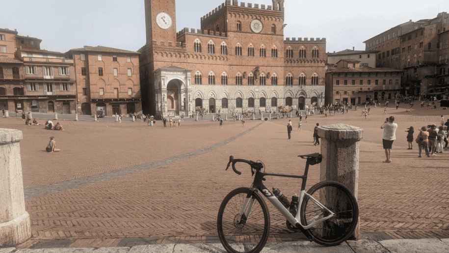 Gravel Bike 3T Racemax Rival stopped in a central square in Siena